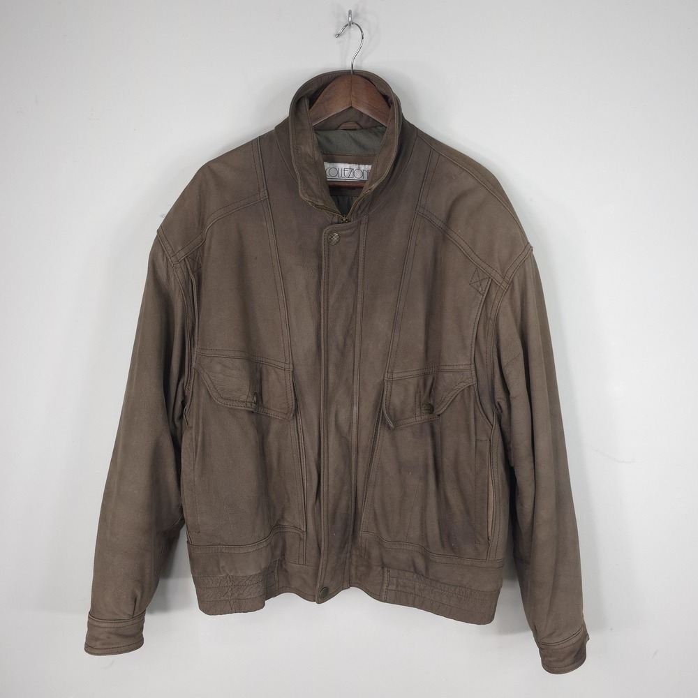 Collezione SA Jacket Mens XL Brown Leather Bomber Full Zip Lined Insulated